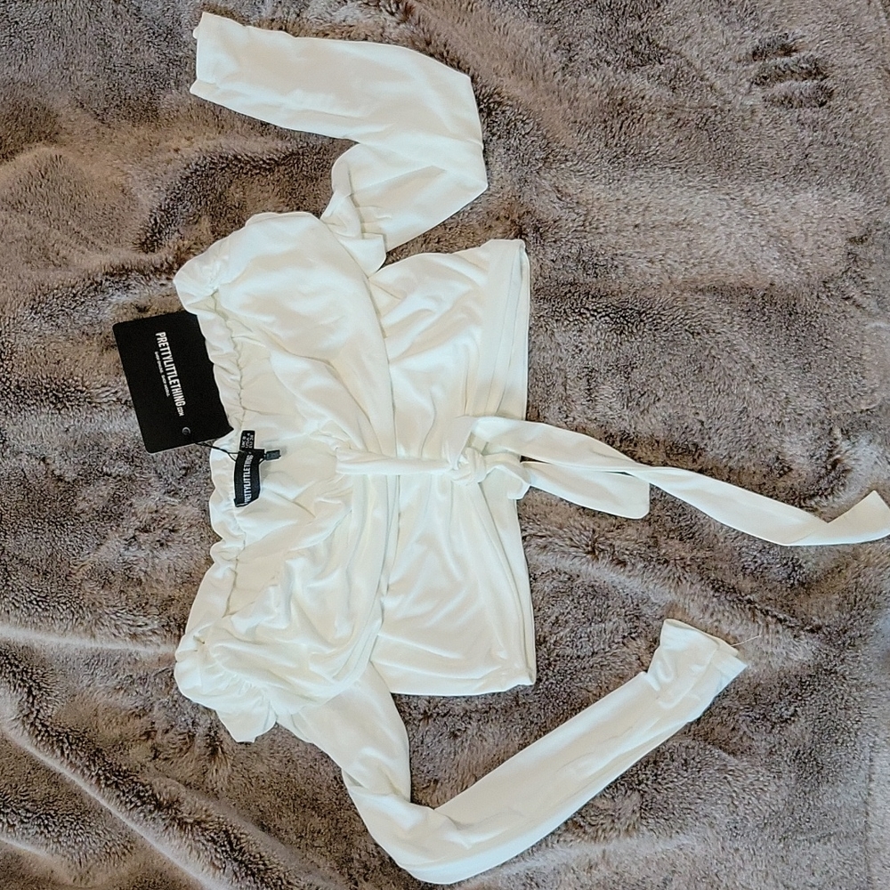 Pretty Little Thing Cream Slinky Knot Front Bardot Long Sleeve Crop Top